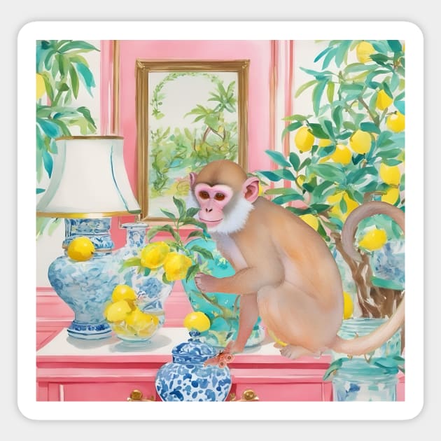 Preppy monkey and lemon tree in chinoiserie interior Sticker by SophieClimaArt